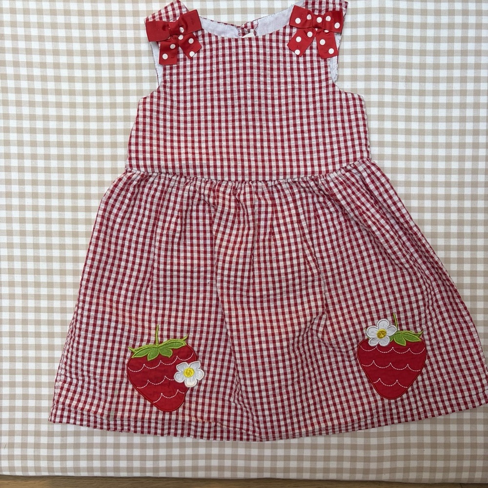 Counting Daisies 4T Red Gingham Strawberry Applique Bow Dress Cottagecore